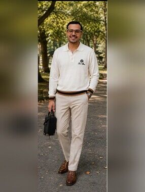 Loro Piana Cream Long-Sleeve Polo with Brown Trim